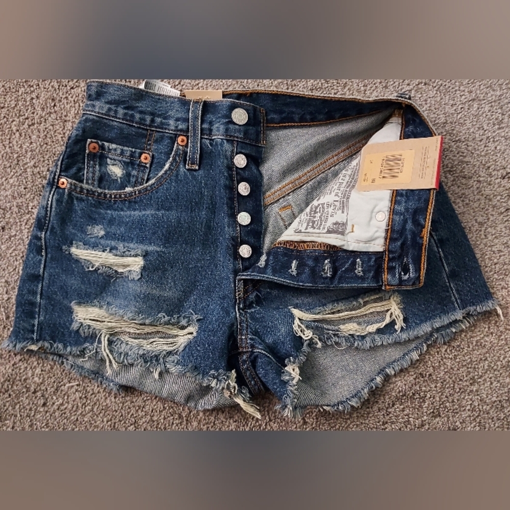 Levi's 501 Distressed Denim Shorts Womens W24 Ripped Frayed Hem Blue Jean Jorts - Picture 3 of 16